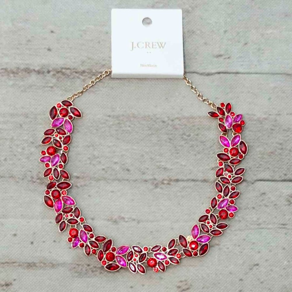 NWT J. Crew Pink and Red Crystal Leaves Statement Necklace - Picture 5 of 7